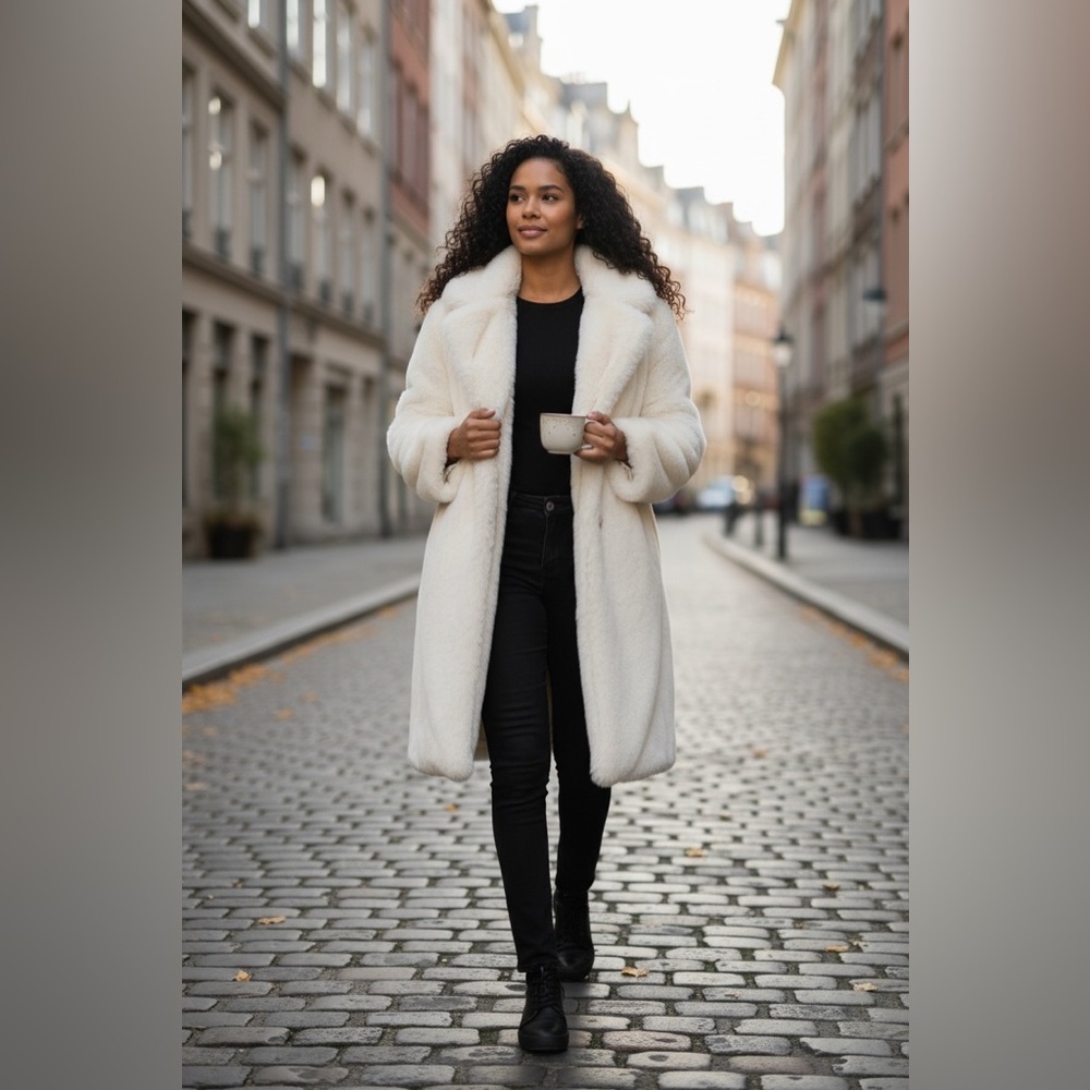 New York & Company White Faux Fur Coat